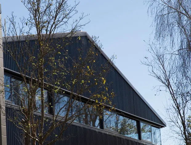 Exterior view of a contemporary multi-level building with dark vertically ribbed cladding, a steep angular gable-like roof form, and a long band of glazing beneath the roof. Mature deciduous trees and a hedge partially screen the lower facade.