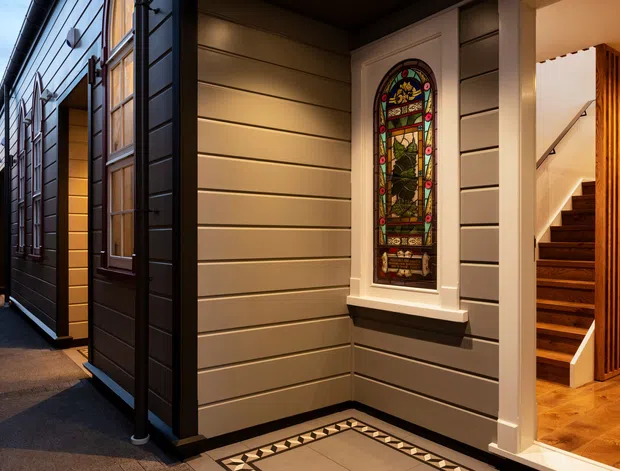 Exterior entry view of a narrow, multi-storey dwelling with horizontal weatherboard cladding, dark contrasting trim, and a prominent stained-glass window. The open entry reveals a warm timber staircase and vertical timber slat screen inside.