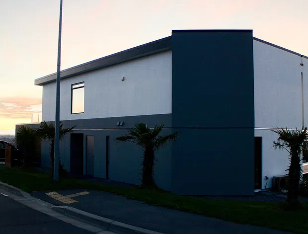 Exterior view of a contemporary two-storey residence on a sloped suburban site. The building has a stark rectilinear form, flat rooflines, smooth light-grey rendered walls, a dark charcoal vertical feature volume, and minimal windows and doors. A driveway, street frontage, small palms, neighbouring houses, and distant landscape are visible in the background.