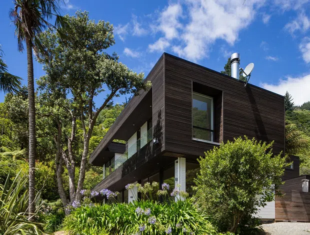 Exterior view of a contemporary two-storey residence set within lush, subtropical landscaping. The building features dark horizontal timber cladding, strong cubic forms, projecting upper-level volumes, extensive glazing, and a sheltered balcony or terrace. A sloping, wooded site rises behind the house under a bright blue sky.