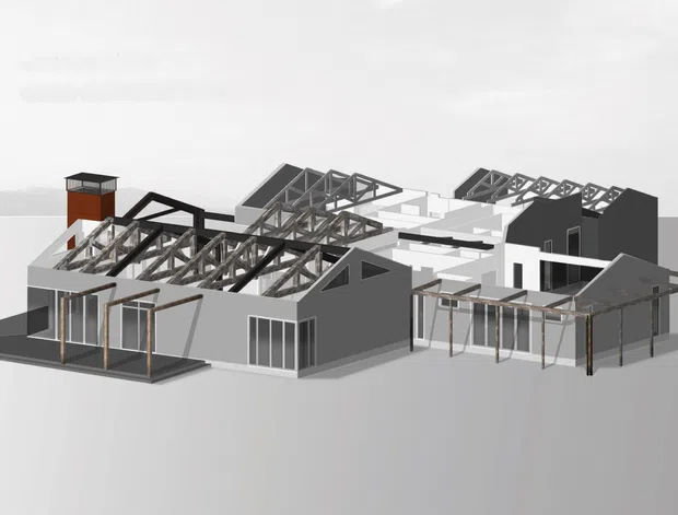 A monochromatic 3D architectural rendering of a multi-building residential development, shown in a partially constructed or exploded structural view. The image highlights grey wall volumes, exposed pitched roof trusses, projecting structural frames, covered outdoor areas, extensive glazing, and a small timber-toned vertical element. The setting is presented against a neutral background with no landscaping or surrounding context.