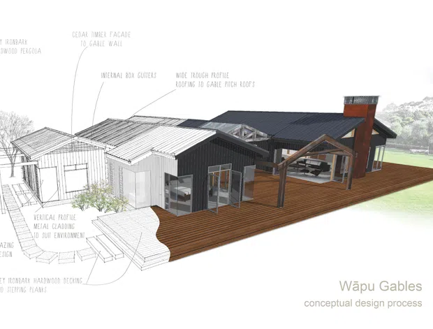 Conceptual architectural design-process rendering of a low-profile residential building with multiple gabled roof forms, dark and light corrugated cladding, extensive glazing, timber decking, and a prominent brick chimney. The image combines a perspective house rendering with hand-drawn annotation lines and labels, set against a lightly sketched landscape.