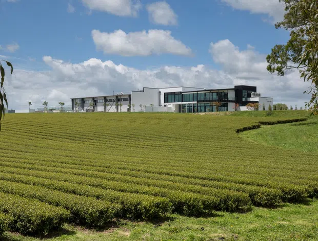 Wide exterior view of a long, low-slung contemporary building set beyond neatly planted agricultural rows. The building has crisp white volumes, extensive dark-framed glazing, flat rooflines, and a glass-fronted central section. A broad green field dominates the foreground under a bright blue, partly cloudy sky, with trees framing the edges.