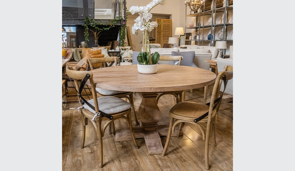 Round X leg dining table (120cm: 6 seater) oak smoke stain 