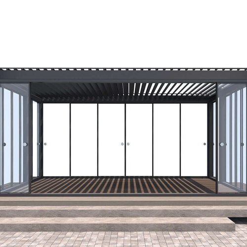 Black Glass Sliding Door For Caribbean Wall Mounted Pergola
