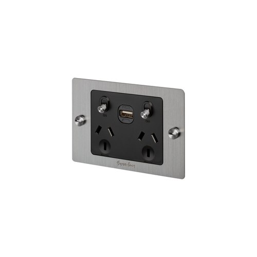 Stainless Steel 2 Gang GPO Socket Switch + Single USB A