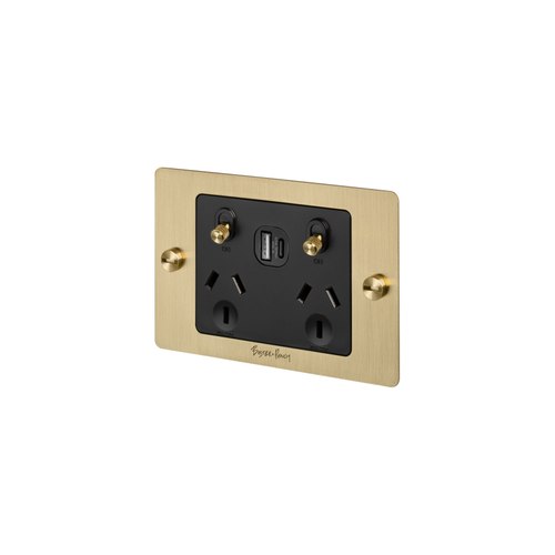 Brass 2 Gang GPO Socket Switch + Single USB A + C