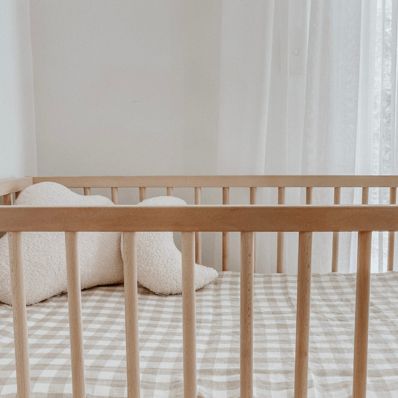 100 French Flax Linen Fitted Cot sheet Natural Gingham ArchiPro NZ