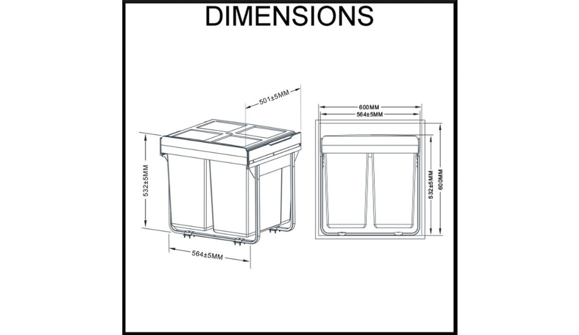 Domestique 90L Twin Slide Out Concealed Waste Bin 600mm Cupboard With Integrated Door Mount