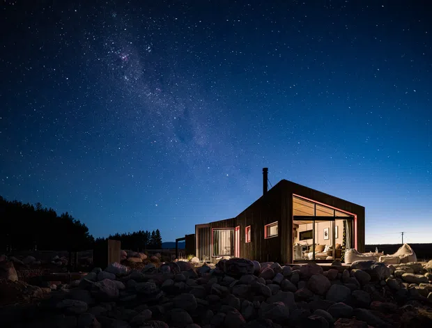 A compact dark-clad house or cabin photographed at night beneath a star-filled sky and visible Milky Way. The building has a simple modern rectangular form, a gently pitched or gabled roof, large glazed openings, warm interior lighting, and a rocky natural foreground.