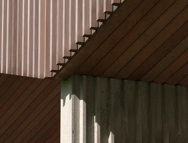 Close-up architectural detail of a strongly geometric building facade and projecting roof or soffit. Dark brown timber boards run diagonally across the underside and lower wall, contrasting with a vertically ribbed pale facade above. A textured grey concrete wall forms the central structural element, with sharp sunlight casting repeated narrow vertical shadows across it. The image is an abstract, minimalist study of material, rhythm, structure, and light, with no visible room furnishings or landscape context.