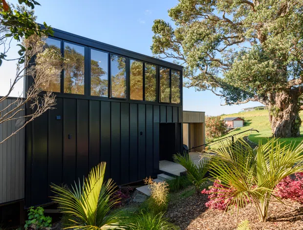 Exterior view of a contemporary, dark-clad two-storey home set within a landscaped suburban or semi-rural site. The building has a strongly rectilinear form, tall upper-level glazing, vertical dark metal-like cladding, and a recessed entry approached by stepping stones. Palm-like planting, mature trees, a lawned slope, and neighbouring rooftops are visible around the structure.