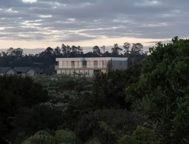 Exterior view of a contemporary multi-storey building partially screened by dense vegetation, with a long rectangular form, extensive glazing, pale facade panels, and a low flat roof. Suburban houses and mature trees appear in the background beneath an overcast evening sky.