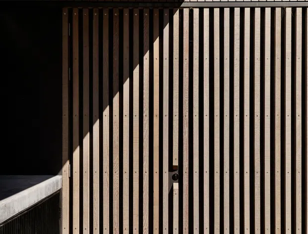 A close architectural exterior detail showing a vertically slatted timber-clad wall and matching slatted door beneath a timber pergola or screened canopy. Strong sunlight creates pronounced diagonal shadows across the facade. A dark gutter and roof edge are visible above, with a concrete walkway or ramp at the lower left. The image emphasizes geometric repetition, natural timber tones, and light-and-shadow contrast.