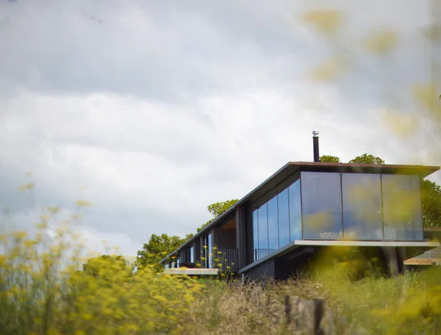 Exterior view of a contemporary, angular single-storey house set among landscaped vegetation. The building features a low-pitched flat roof, dark cladding, extensive floor-to-ceiling glazing, projecting cantilevered volumes, and a visible chimney. The foreground planting is softly blurred, framing the strong geometric form.