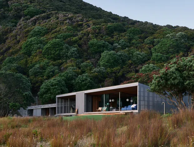 A low-profile contemporary house set within dense native bush and tall grasses. The building features dark vertical cladding, extensive floor-to-ceiling glazing, a simple flat or very low-pitched roof, and an open-plan living area visible through the glass. The landscape and house create a secluded, natural setting.