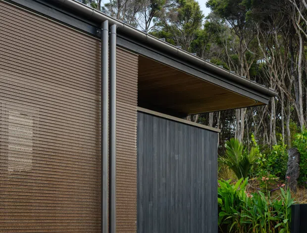 Close-up exterior view of a contemporary pavilion or house edge set within dense native vegetation. The facade combines finely ribbed brown cladding, dark vertical timber-like screening, dark metal gutters and posts, and a warm timber-lined roof overhang.