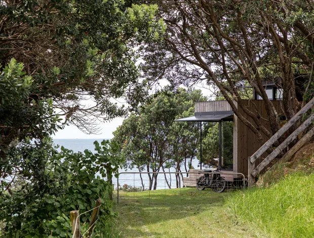 A compact modern structure is partially concealed among dense coastal vegetation on a sloping grassy site. The building has dark timber vertical cladding, a shallow projecting roof, extensive dark-framed glazing, and a small deck or patio with outdoor furniture. A simple metal railing and timber stair run along the slope, while a bright body of water is visible beyond the trees.
