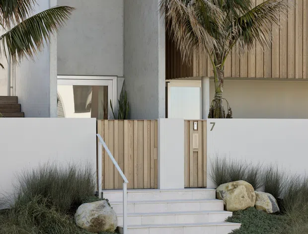 Contemporary residential entrance with a minimalist white rendered facade, timber privacy fencing and cladding, concrete steps, a simple white handrail, and landscaped planting with ornamental grasses and large natural boulders. Palm trees frame the entry, and the number 7 is visible beside the front door.