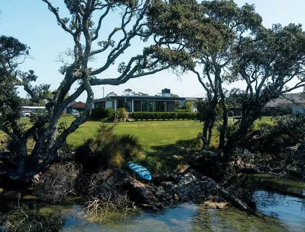 A low, modern single-storey building is viewed from across a narrow stream, partially screened by mature windswept trees and dense landscaping. The building has extensive dark-framed glazing, a low horizontal roofline, and a broad manicured lawn extending toward the water. The scene has a natural, landscaped setting with rocky stream banks and established vegetation.