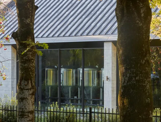 Exterior view of a contemporary building partially screened by mature trees. The facade features a steeply pitched standing-seam metal roof, large dark-framed glazed entrance or windows, pale masonry piers, and a black metal picket fence. Autumn foliage and leaf-covered ground surround the building.