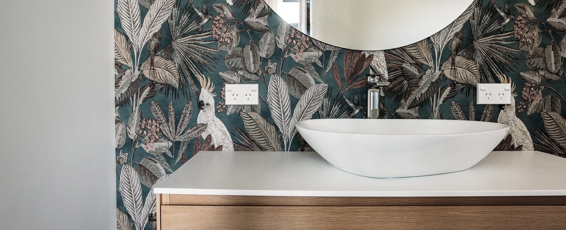Wallpaper and Tiled Bathroom Design by Hello Home Interiors ArchiPro NZ