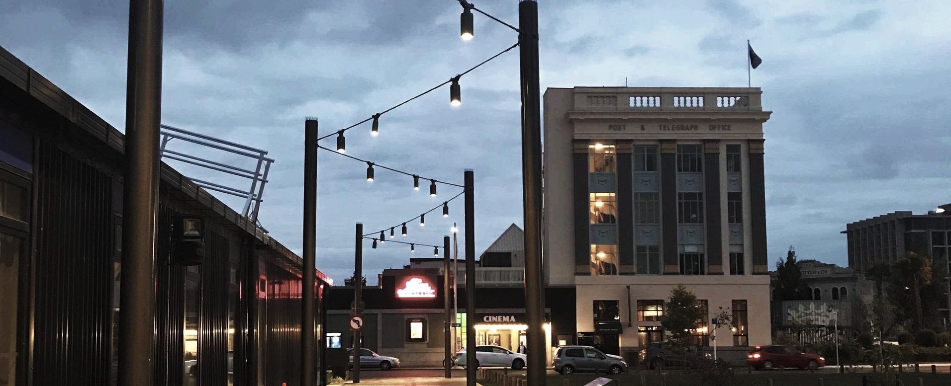 South Frame catenary lighting and meshinfilled green screens Christchurch CBD by SRS Group NZ