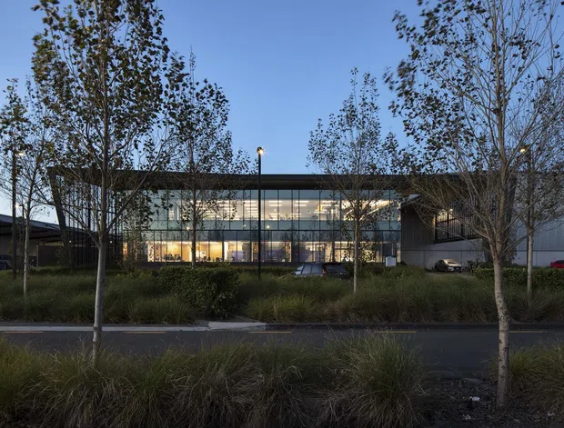 A contemporary multi-storey commercial building viewed from across a landscaped street verge at dusk. The long, low building has extensive floor-to-ceiling glazed curtain walls revealing brightly lit interiors, framed by dark horizontal roof and facade elements. Mature slender trees, native-style grasses and planted hedges occupy the foreground, with a paved access road and limited exterior lighting.