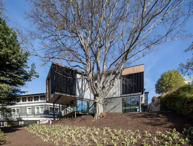 Exterior view of a contemporary multi-level residential building set within a landscaped, sloping garden. The structure features dark vertical screening, extensive glazing, grey masonry or concrete walls, and warm timber-toned cladding beneath a flat or low-pitched roofline. Mature trees partially frame the building.
