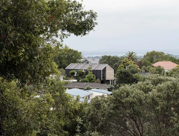 A distant elevated view across dense suburban vegetation toward a modern dark-clad house with a steep gabled metal roof and large glazed openings. Neighboring homes, a swimming pool, and a hazy urban or coastal horizon are visible beyond the trees.
