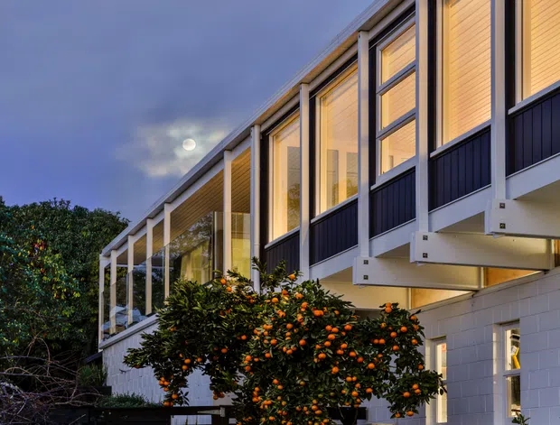 Exterior dusk view of a contemporary multi-level residential building, featuring a long articulated facade with tall warm-lit windows, dark vertical wall panels, white projecting structural elements, and a covered glazed veranda or balcony. A citrus tree occupies the foreground, while the building sits within a leafy landscaped setting beneath a cloudy evening sky.