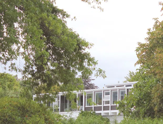 A partially obscured modern residential building viewed through dense mature vegetation. The visible facade has extensive floor-to-ceiling glazing, white or light-coloured framing, and a low, flat roofline, creating a light horizontal composition integrated into a leafy setting.