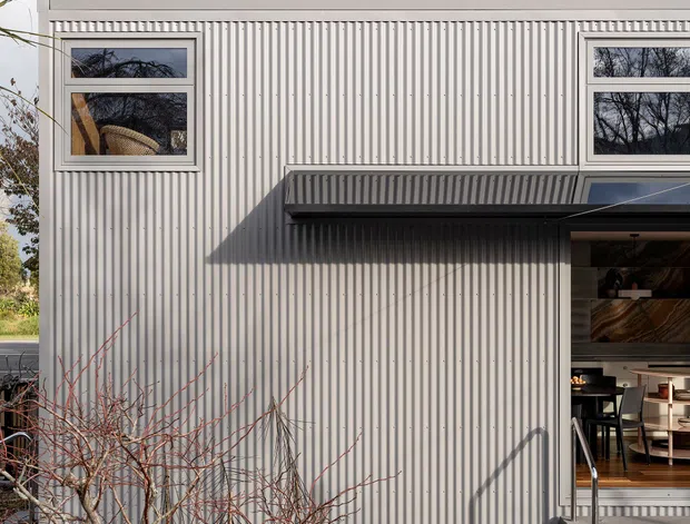 Exterior view of a contemporary two-storey dwelling clad in light grey vertically ribbed corrugated metal. The facade has high-set horizontal windows with dark frames, a projecting metal awning over a glazed entrance, and concrete entry steps with a metal handrail. Through the open doorway, a warm timber-lined interior with dining furniture is visible. A sparse deciduous garden occupies the foreground.