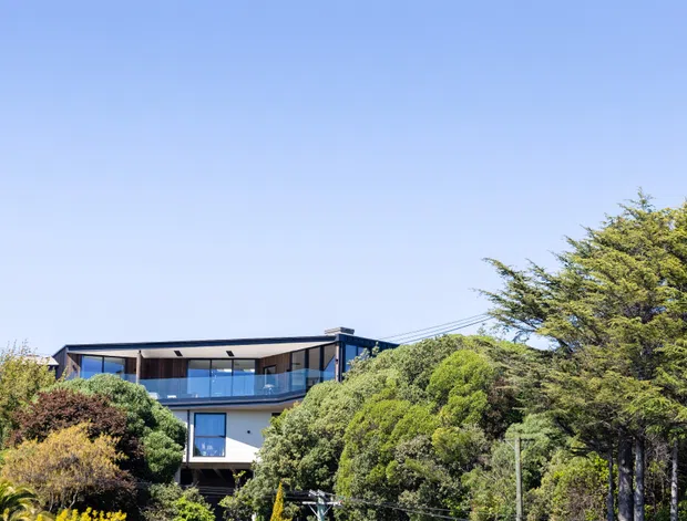 Exterior view of a contemporary multi-level residence partially screened by mature landscaping. The building has a low, flat roofline, dark cladding and framing, extensive glazing, and a glass balcony balustrade.