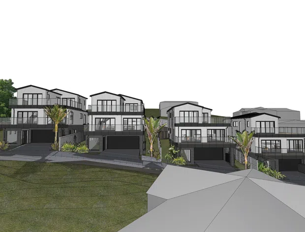 Architectural rendering of a contemporary multi-home residential development on a sloping site. Several attached or closely spaced multi-storey homes feature dark-framed glazing, vertical cladding, balconies, garages, pitched gable roofs, and landscaped front areas with palms and planting.