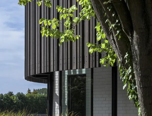 A close exterior architectural view of a contemporary multi-storey building partially screened by a mature tree and ornamental grasses. The facade combines dark vertical ribbed cladding on the upper level with pale grey masonry block walls below, black-framed glazing, and a projecting upper floor or cantilever. The landscaped setting and strong vertical lines create a modern, sculptural appearance.