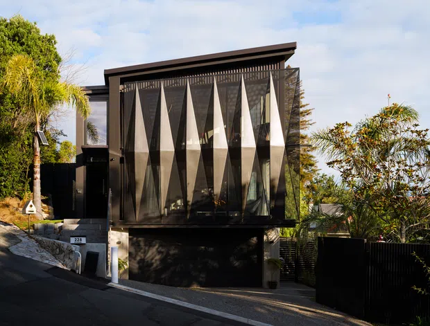 Street-facing exterior view of a contemporary multi-level residence on a sloping suburban site. The dark facade features a projecting upper volume with full-height glazing screened by a striking geometric vertical fin or folded-panel facade. A recessed garage occupies the lower level, with a narrow driveway, boundary fencing, and landscaped planting around the home.