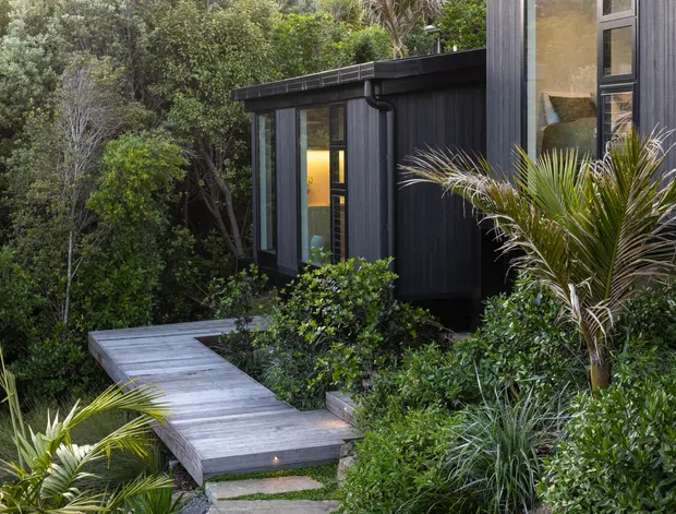 Exterior view of a contemporary dark-clad house nestled in dense, lush landscaping. A raised timber walkway and steps lead through tropical and native-style planting to full-height glazed doors and windows. The building has strong vertical cladding, a low-pitched dark roof edge, and warm interior light visible through the glazing.