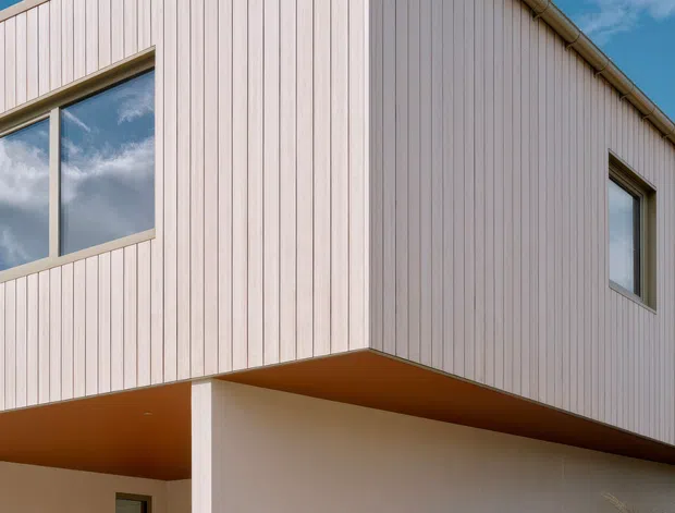 Exterior architectural photograph of a modern two-storey house with a sharply pitched gable roof and a projecting upper level that creates a sheltered overhang. The facade combines pale vertical timber-like cladding with smooth light plaster walls, dark-framed rectangular windows, and a warm-toned soffit. The building sits on a dry, sparsely landscaped sloping site beneath a clear blue sky.