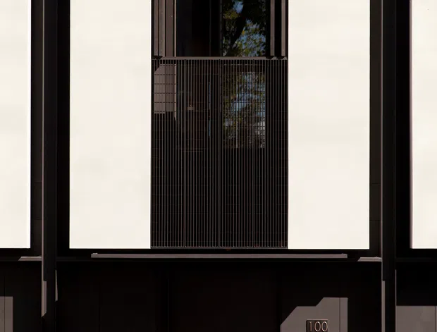 A close-up exterior view of a dark, finely detailed building facade. Tall pale inset panels frame a narrow upper window or balcony opening with a vertical metal grille, while the lower section contains a dark entry door and a small plaque marked “100.” Strong sunlight creates angular shadows across the facade, with a paved threshold at the base.