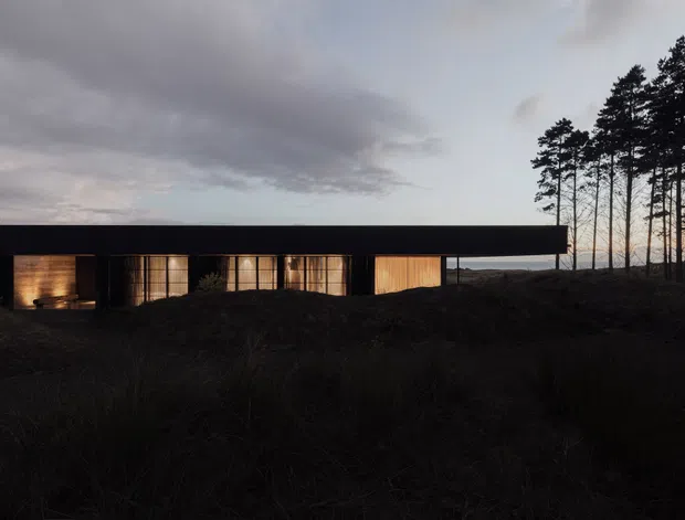 A low, elongated modern building is viewed externally at dusk, partially embedded in a dark grassy landscape. The building has a strong horizontal flat roofline, dark opaque cladding or walls, and warm light glowing through large timber-framed glazed openings. Tall slender pine trees rise behind the structure, creating a quiet, atmospheric silhouette.