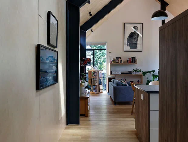 Interior view along a timber-lined hallway connecting a compact kitchen and living room. The space features pale timber flooring and wall/ceiling lining, prominent black steel structural beams, pendant lights, dark timber kitchen cabinetry, and a pitched ceiling. A blue sofa, shelving, artwork, and greenery are visible in the living area beyond.