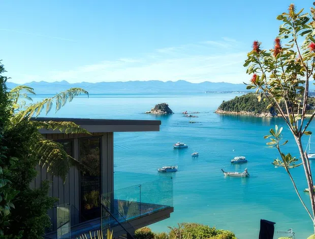 A sunny coastal exterior view overlooking a vivid turquoise bay with anchored boats, small forested islands, and distant mountains. In the foreground is a contemporary multi-level building with dark vertical cladding, extensive glazing, projecting flat roof planes, and a glass balustrade, surrounded by lush subtropical landscaping and a deck or terrace.