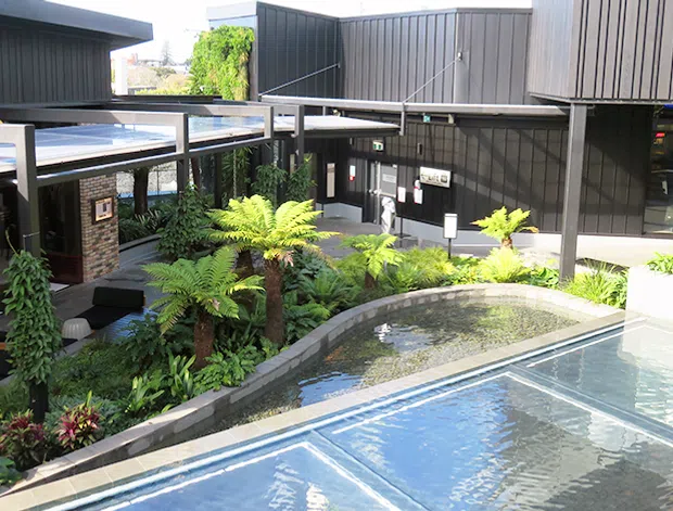 A modern multi-level commercial courtyard with dark vertical cladding, extensive fern planting, elevated walkways, and a shallow reflective water feature or pool in the foreground. The space has a contemporary architectural character with strong geometric lines and integrated landscaping.