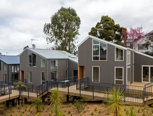 Exterior view of a contemporary multi-unit residential development with several compact gabled homes arranged on an elevated timber deck and connected by black metal-railed walkways. The buildings feature dark grey vertical cladding, pitched roofs, large rectangular windows and glazed doors. Native-style planting and landscaped ground occupy the foreground beneath an overcast sky.