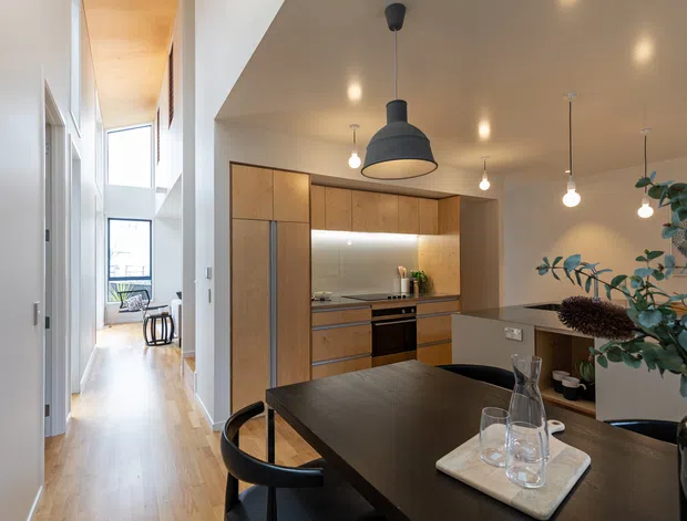 A contemporary open-plan kitchen and dining area viewed from a hallway. The kitchen features warm timber cabinetry, integrated appliances, a dark island bench, and concealed under-cabinet lighting. A dark dining table with black chairs occupies the foreground, while pendant lights and recessed ceiling lights provide illumination. A tall glazed stair or circulation area is visible to the left, with indoor greenery and tableware adding softness.