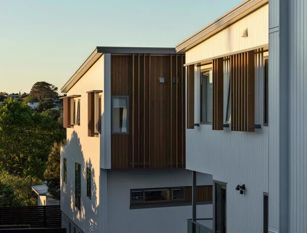 Exterior architectural view of a contemporary multi-level residential building, featuring white vertical cladding, dark timber-look wall panels, projecting box forms, narrow windows, and vertical sun-shading screens. The building sits on a wooded suburban or sloping site and is shown in warm late-afternoon light.