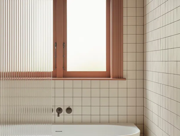 A warm, compact bathroom featuring a freestanding white bathtub, cream square wall tiles with dark grout, a terrazzo-like floor, and a timber-framed frosted window. A ribbed translucent glass partition partially screens the tub on the left. The room has a refined, contemporary appearance with terracotta-brown painted window and ceiling trim.