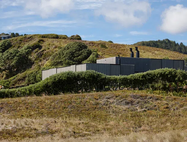 Exterior view of a low, modern dark-clad building set into a coastal or windswept landscape. The structure has a long, simple rectangular form with a low-pitched or nearly flat roof, vertical dark cladding, two chimney flues, and neatly clipped hedges in the foreground. Rolling vegetated dunes and a wooded ridge form the background under a partly cloudy sky.