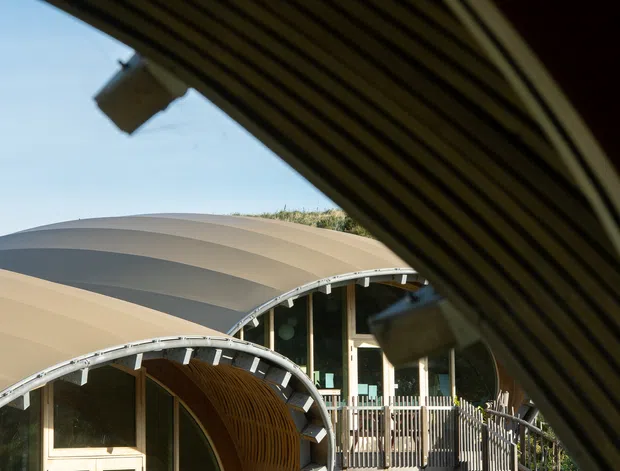 Exterior architectural view of a sculptural building with overlapping, sweeping curved roof forms and ribbed timber-like soffits. The composition is framed by a dark curved roof structure in the foreground, while the main building features pale beige and grey curved roofing, arched glazed openings, vertical structural supports, and a fenced entry or walkway. Bright daylight and a clear sky emphasize the expressive organic form.